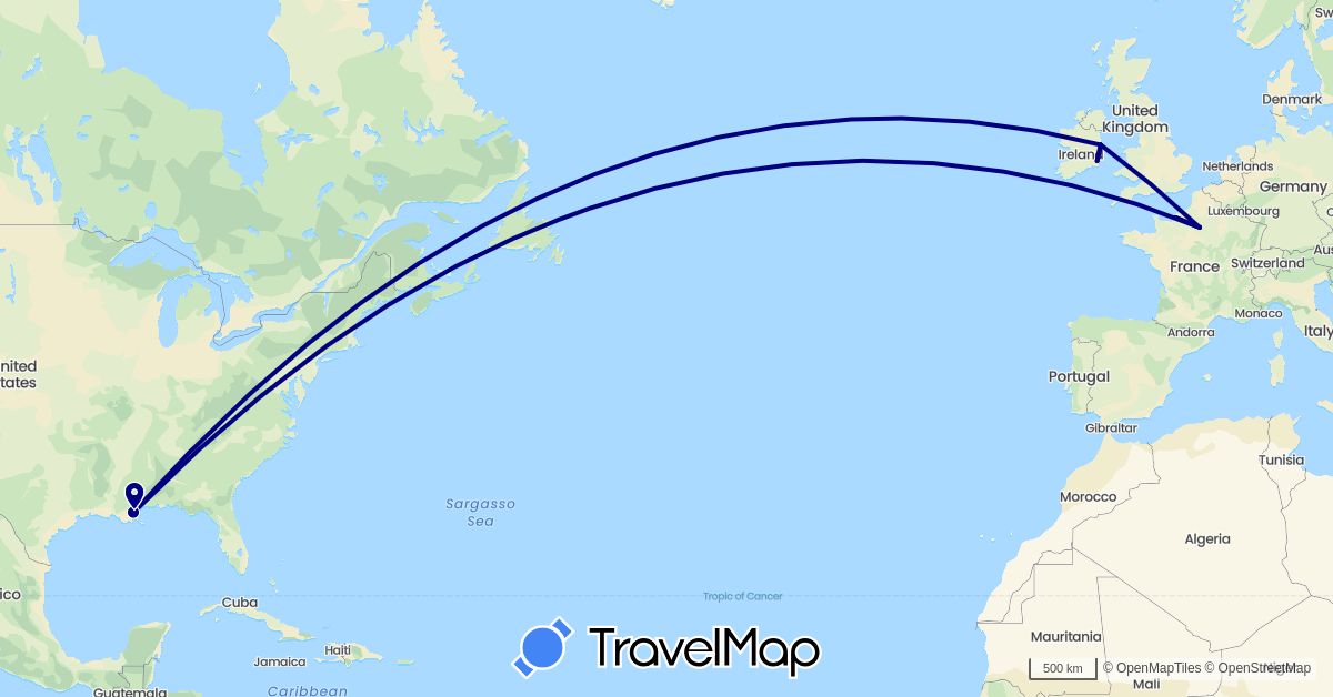 TravelMap itinerary: driving in France, Ireland, United States (Europe, North America)